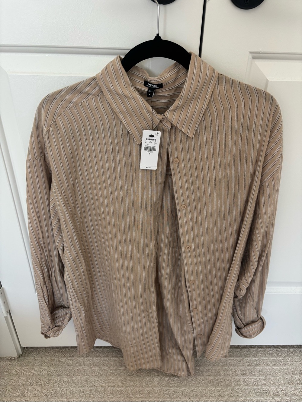 Express Woman’s Beige & White Stripe Casual Button-Down Shirt